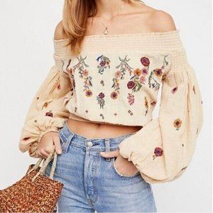 NWT Free People Saachi Embroidered Off The Shoulder Top Natural Size S